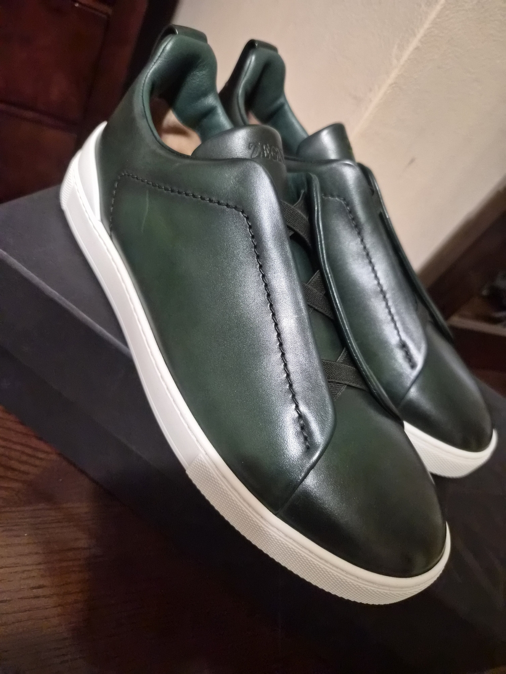 Zegna Triple Stitch Dark Green Leather Sneakers Size 9 New In Box
